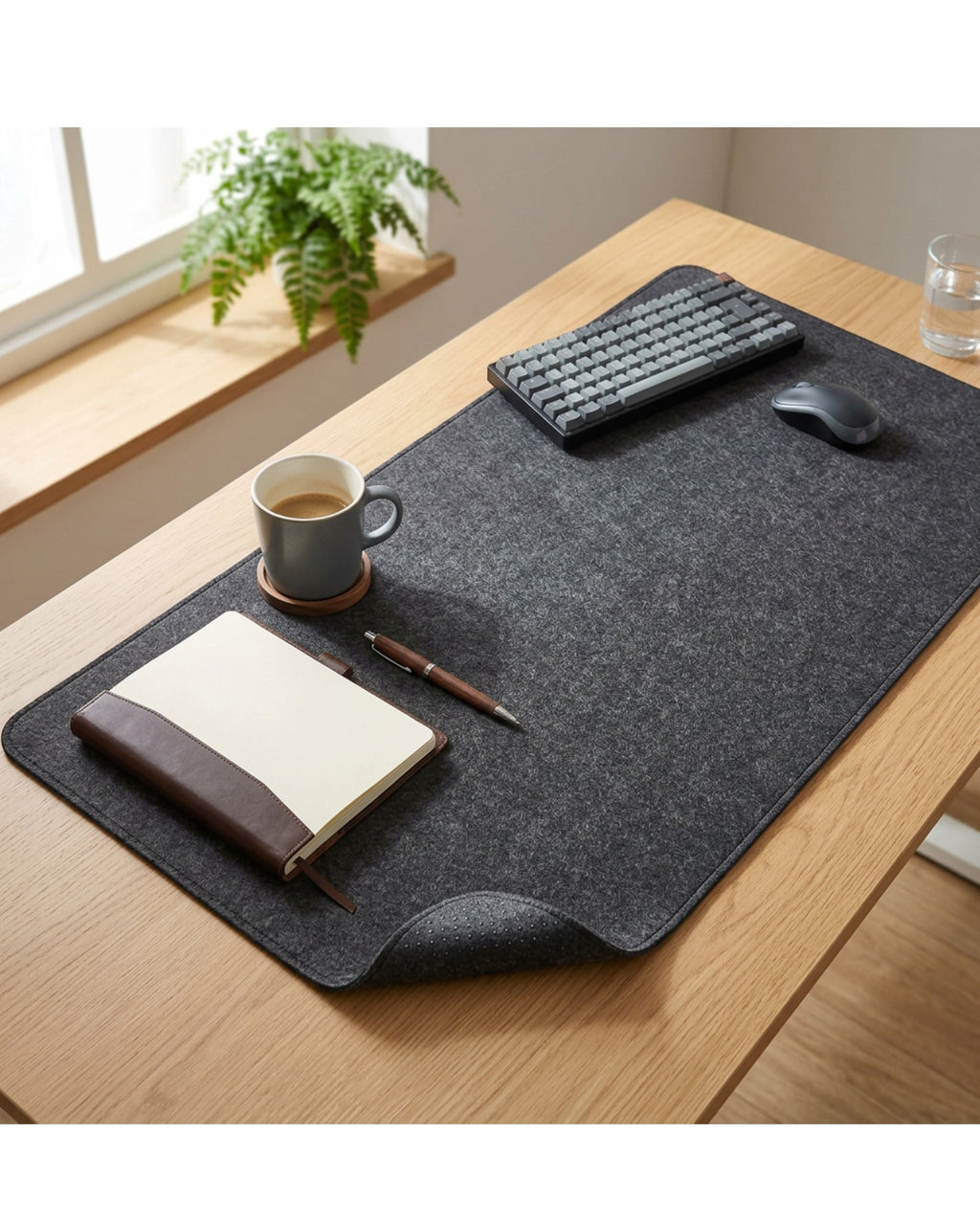 Pudmi Recycled Felt Extended Desk Mat Charcoal 900 x 400 mm - Lifestyle view